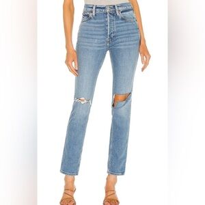RE/DONE Denim Revolve 80s Slim Straight Jeans Brisk Blue With Rips Size 25